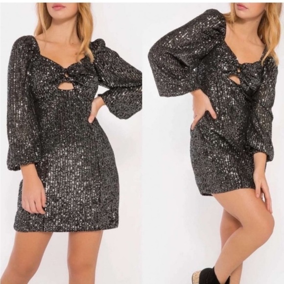 C/Meo Revolve Lustre Black Sequin Mini Dress Womens Size Medium New - Picture 1 of 7